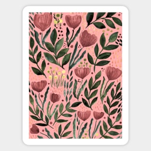 Watercolor flower garden - dusty pink and olive on pink background Sticker